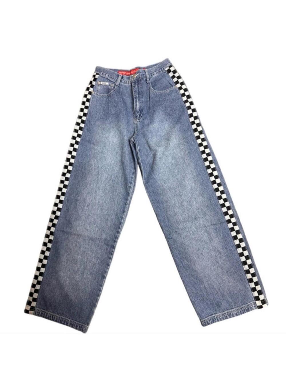 Vintage 90s Revolt Blue Jeans with Checkered Side Stripe